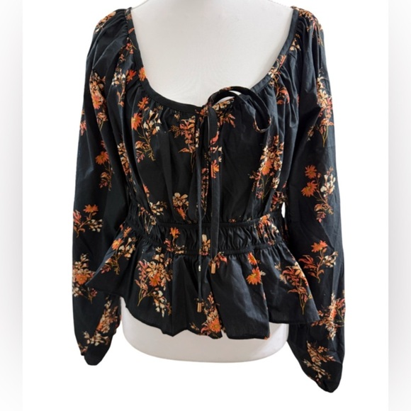 Free People Tops - FREE PEOPLE MANDY FLORAL PRINTED RUCHED PEPLUM COTTON TIE FRONT BLOUSE SIZE: M